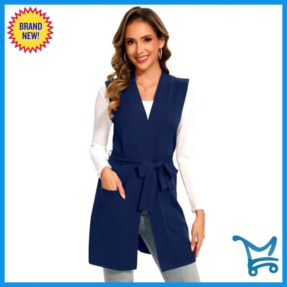 Sleeveless Ribbed Knit Vest with Belt and Pockets, Size Small - Picture 5 of 5